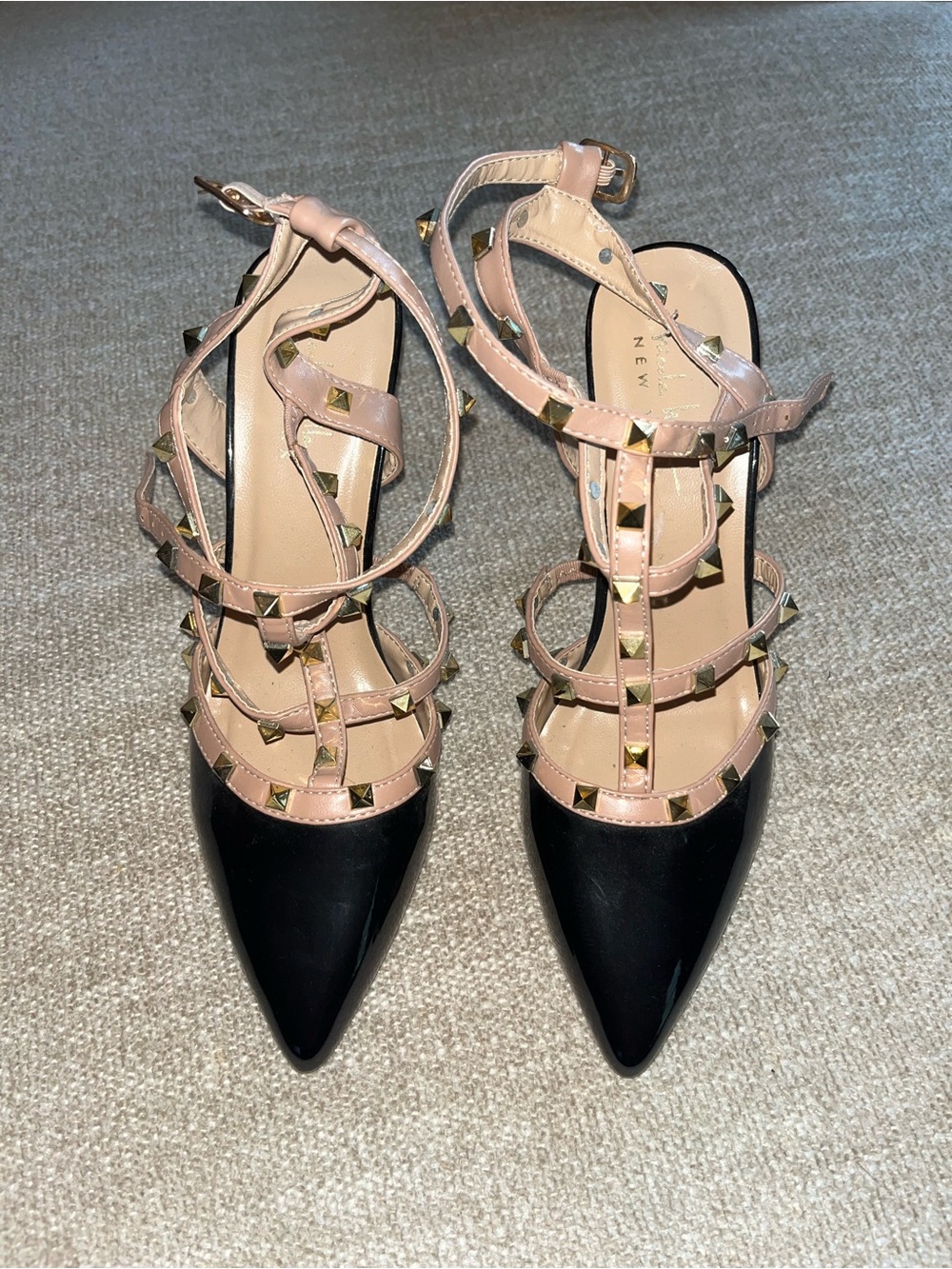 Nicole Miller Pointed Studded Strappy Heels in Black and Blush Pink